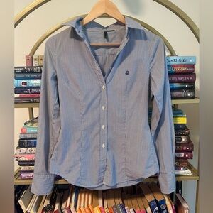 Benetton Blue & White Pinstripe 100% Cotton Button Down Shirt 👔